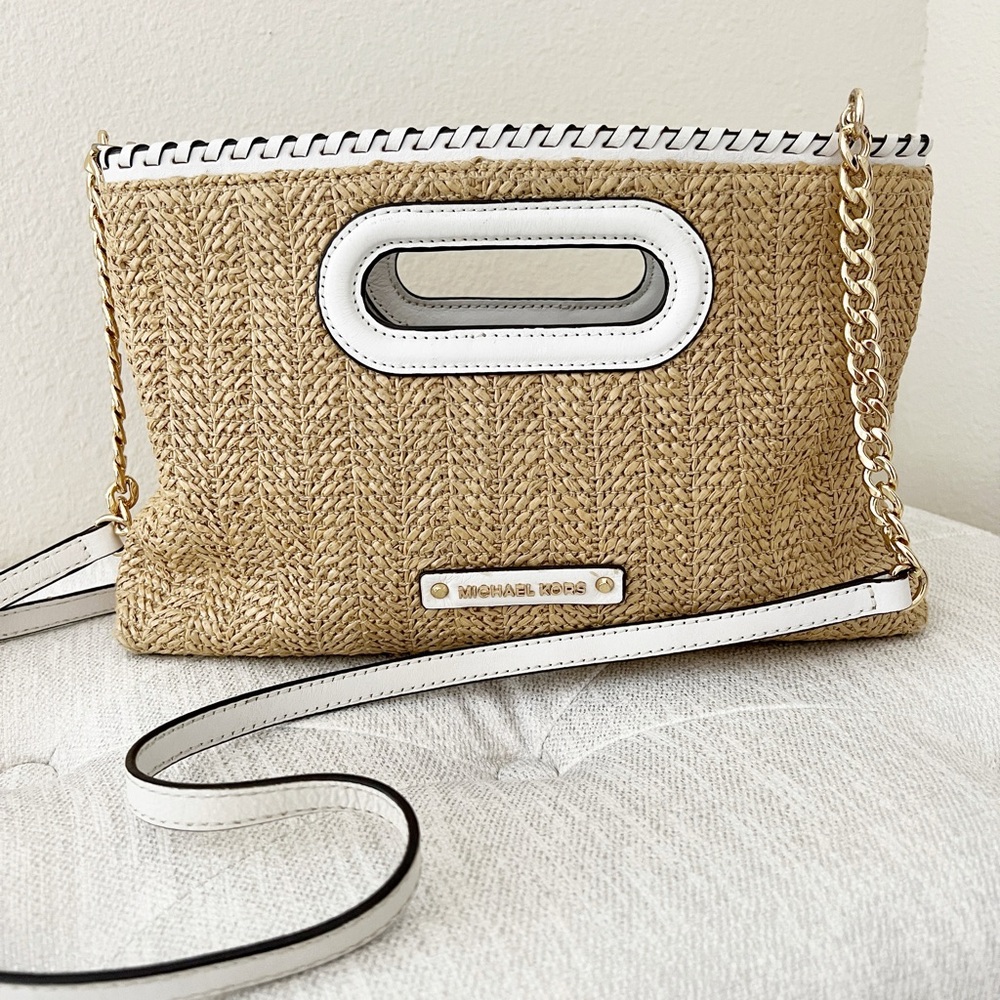 MICHAEL KORS Rosalie Raffia and White Leather Clutch Crossbody handbag